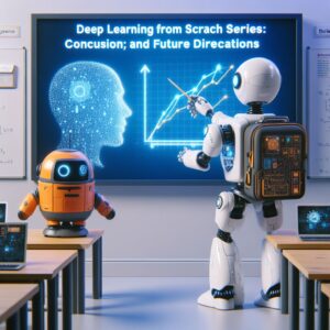 a explorer robot is presenting a tutorial with the title deep learning from scratch series conclusion and future directions in a conference room