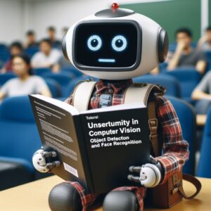 a explorer robot is reading a tutorial with the title uncertainty in computer vision object detection and face recognition in a lecture hall