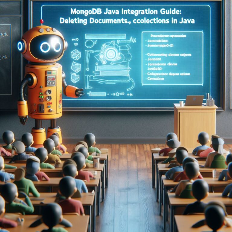 a explorer robot is teaching a tutorial with the title mongodb java integration guide deleting documents from mongodb collections in java in a lecture hall