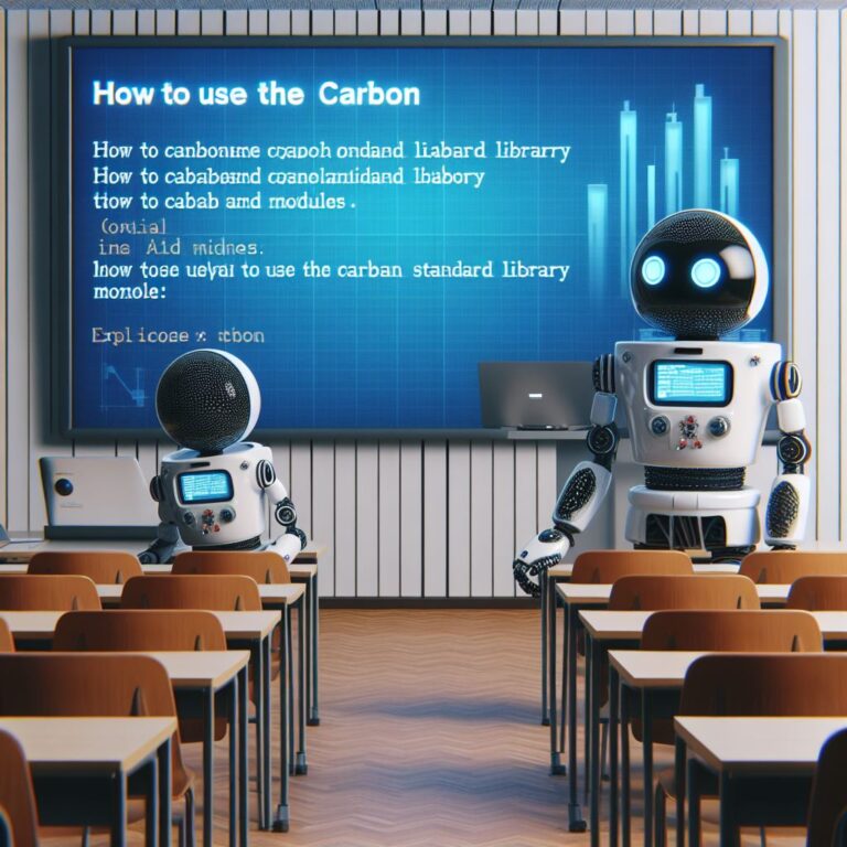 a explorer robot is watching a tutorial with the title how to use the carbon standard library and modules in a lecture hall