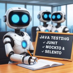 a explorer robot is writing a tutorial with the title java testing junit mockito and selenium in a conference room