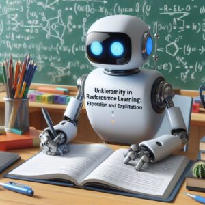 a explorer robot is writing a tutorial with the title uncertainty in reinforcement learning exploration and exploitation in a class