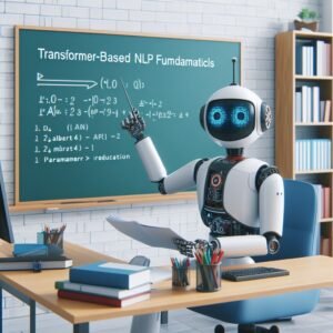 a professor robot is developing a tutorial with the title transformer based nlp fundamentals albert and parameter reduction in a study room