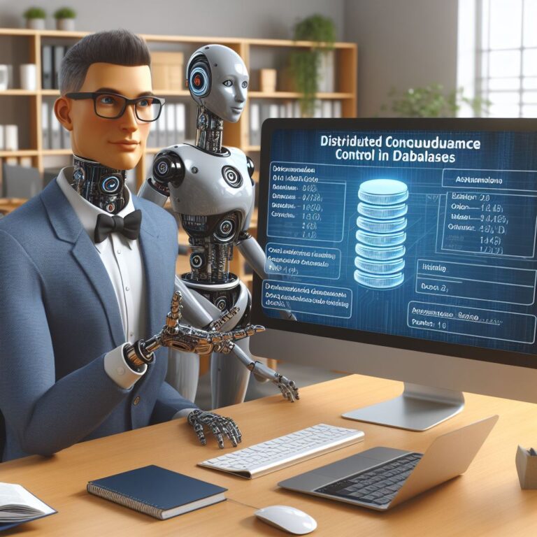 a professor robot is implementing a tutorial with the title distributed concurrency control in databases in a office