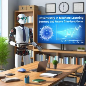 a professor robot is presenting a tutorial with the title uncertainty in machine learning summary and future directions in a office
