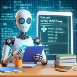 a robot is writing a tutorial with the title how to use kafka rest proxy with python to access kafka via http