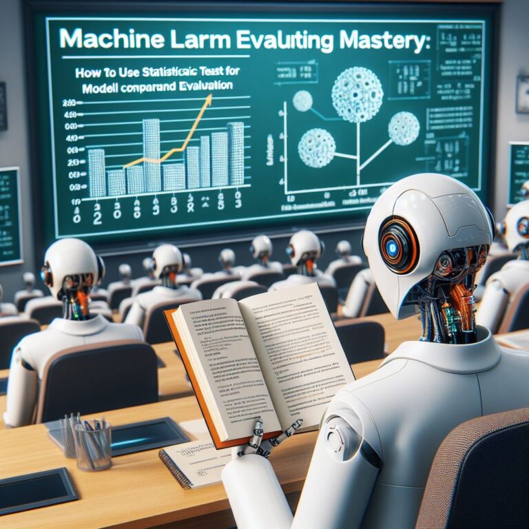 a scientist robot is reading a tutorial with the title machine learning evaluation mastery how to use statistical tests for model comparison and evaluation in a lecture hall