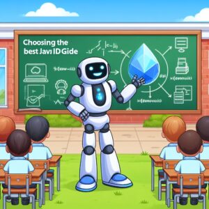 a student robot is presenting a tutorial with the title choosing the best java ide guide drjava ide in a schoolyard
