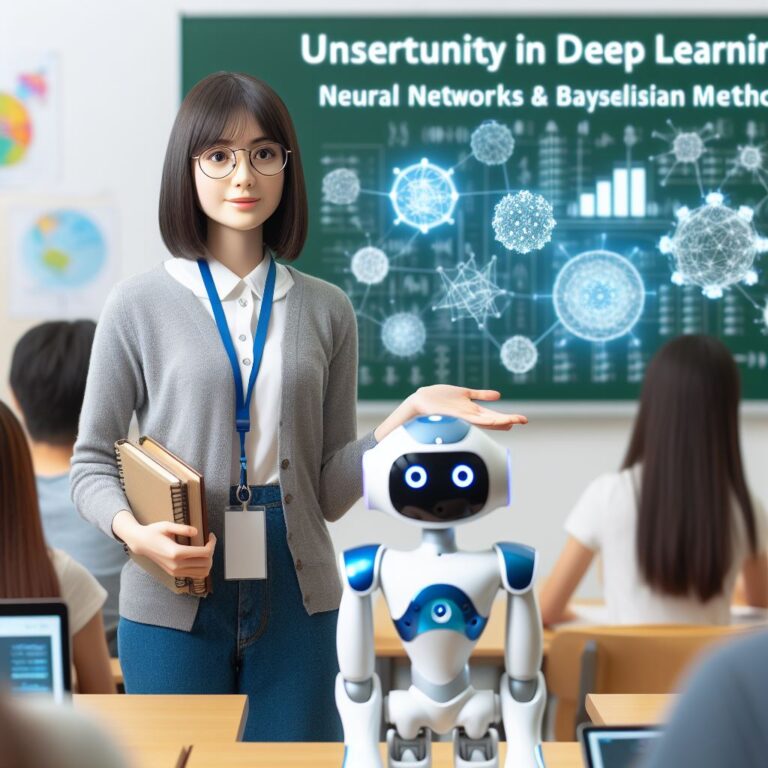 a student robot is presenting a tutorial with the title uncertainty in deep learning neural networks and bayesian methods in a class