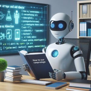 a student robot is reading a tutorial with the title how to use arrays and objects in carbon programming in a conference room