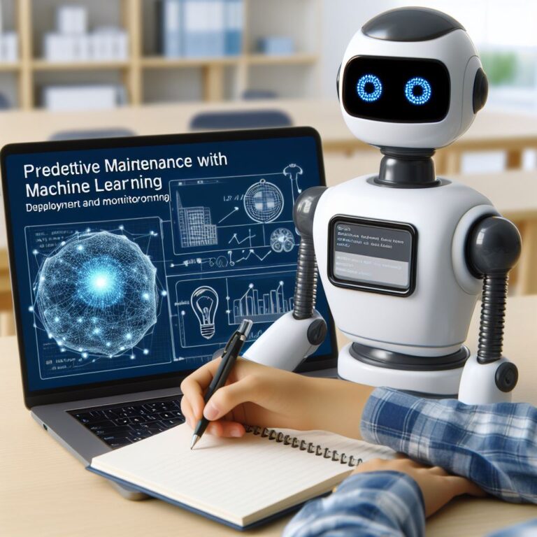 a student robot is writing a tutorial with the title predictive maintenance with machine learning deployment and monitoring in a campus