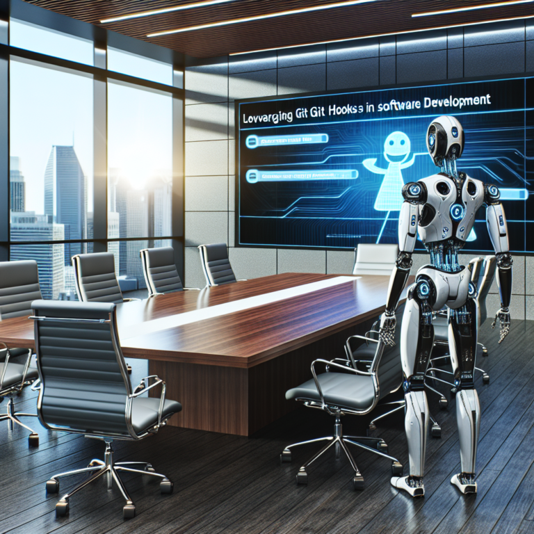 a businessman robot is designing a tutorial with the title leveraging git hooks for automated tasks in software development in a conference room