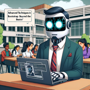 a businessman robot is following a tutorial with the title advanced techniques in bootstrap beyond the basics in a campus