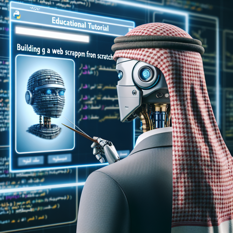 a businessman robot is following a tutorial with the title building a web scraper from scratch with python a step by step project in a class