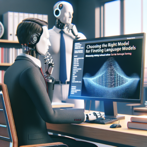 a businessman robot is following a tutorial with the title choosing the right model for finetuning large language models in a office