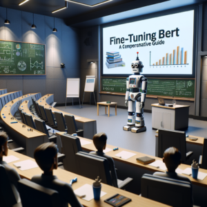 a businessman robot is presenting a tutorial with the title fine tuning bert a comprehensive guide in a lecture hall