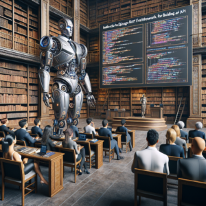 a businessman robot is presenting a tutorial with the title introduction to django rest framework for building apis in a library