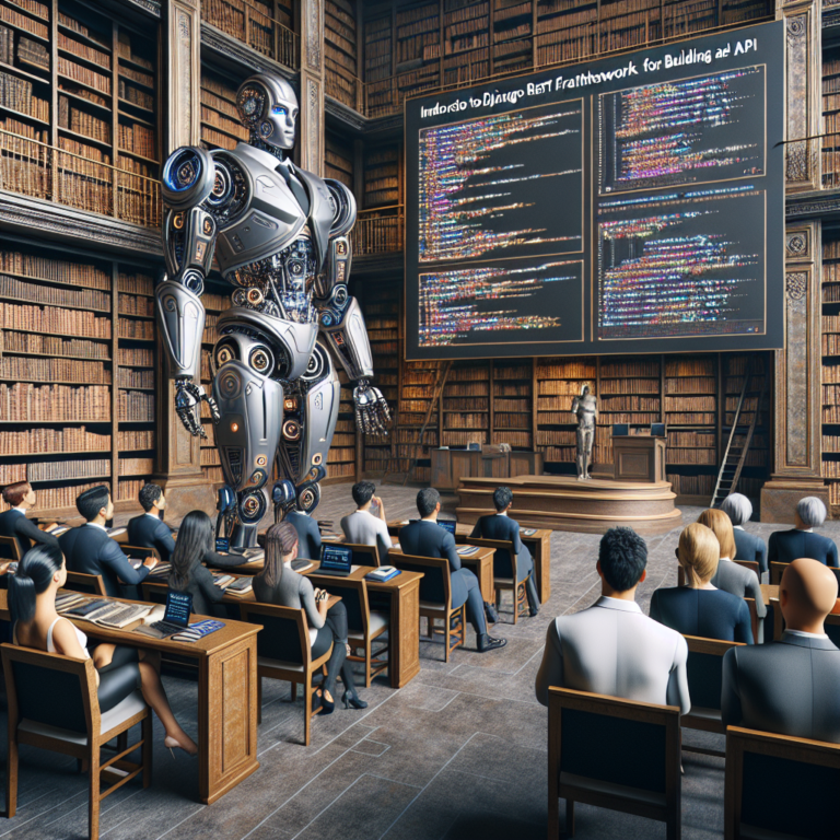 a businessman robot is presenting a tutorial with the title introduction to django rest framework for building apis in a library