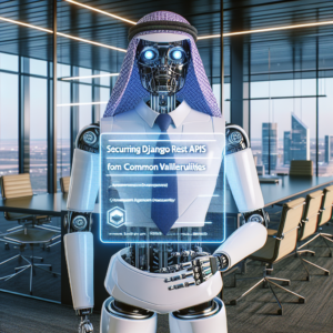 a businessman robot is presenting a tutorial with the title securing django rest framework apis against common vulnerabilities in a office