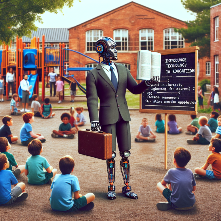 a businessman robot is publishing a tutorial with the title advanced techniques in javascript for state management in web applications in a schoolyard