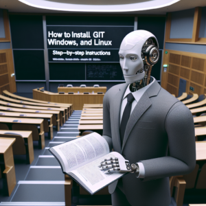 a businessman robot is reading a tutorial with the title how to install git on windows mac and linux step by step instructions in a lecture hall 1