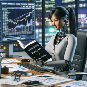 a businessman robot is reading a tutorial with the title leveraging caching in django rest framework for enhanced performance in a office