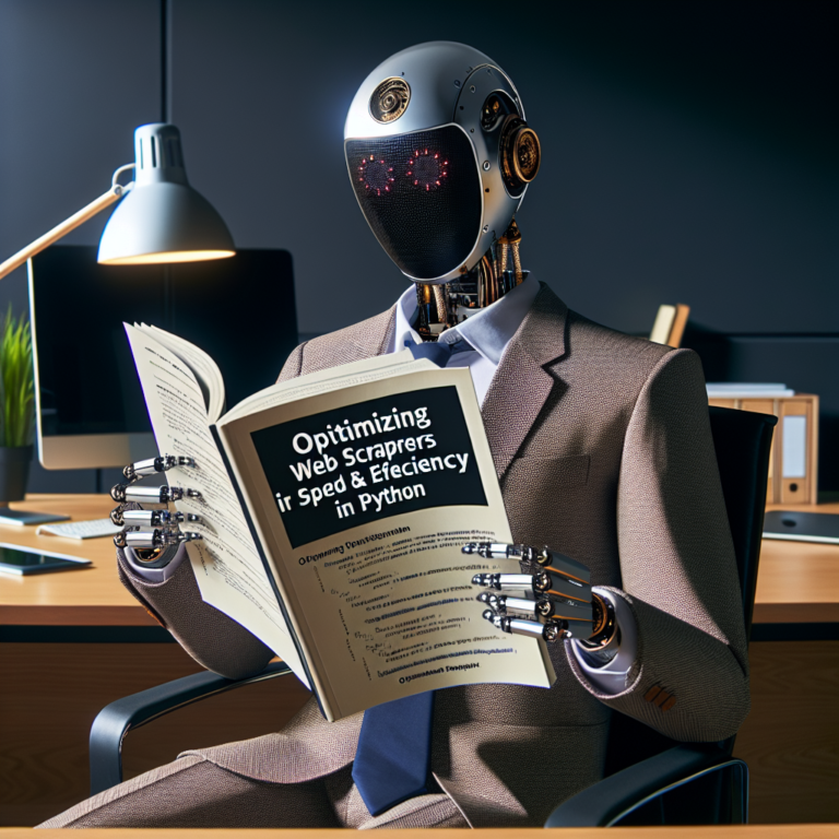 a businessman robot is reading a tutorial with the title optimizing web scrapers for speed and efficiency in python in a office