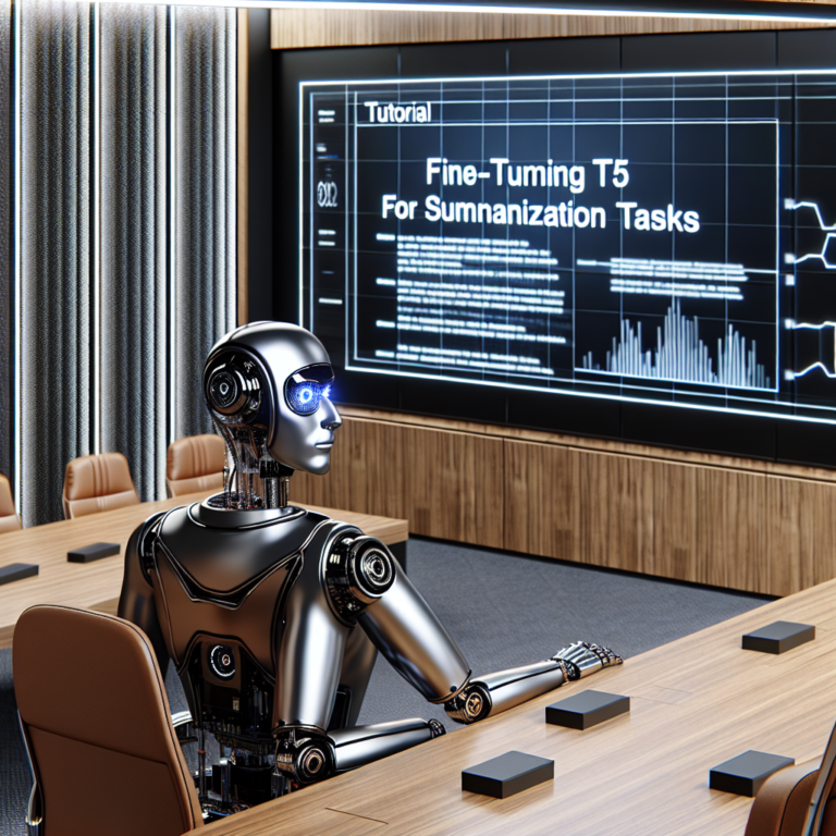 a businessman robot is watching a tutorial with the title fine tuning t5 for summarization tasks in a boardroom