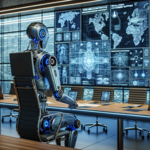 a engineer robot is designing a tutorial with the title voice recognition technologies revolutionizing phone based customer support in a boardroom