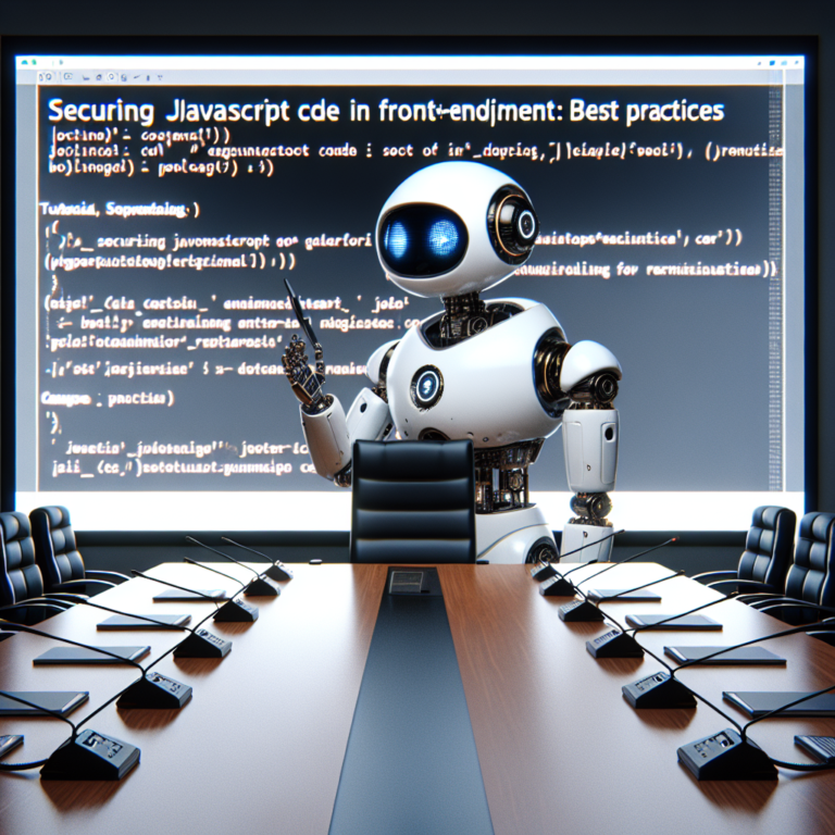 a engineer robot is developing a tutorial with the title securing javascript code in front end development best practices in a boardroom