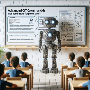 a engineer robot is implementing a tutorial with the title advanced git commands tips and tricks for power users in a class