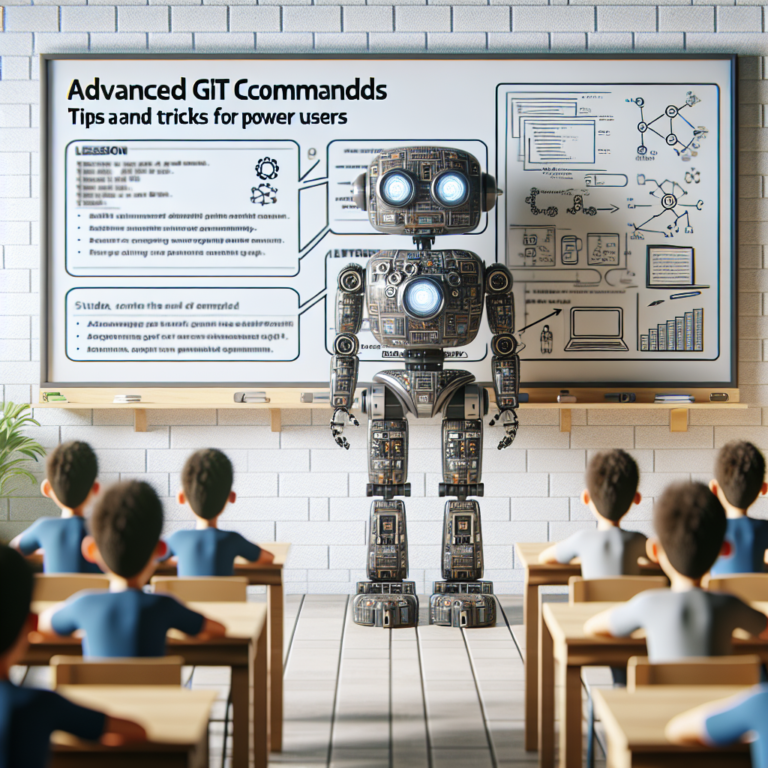 a engineer robot is implementing a tutorial with the title advanced git commands tips and tricks for power users in a class