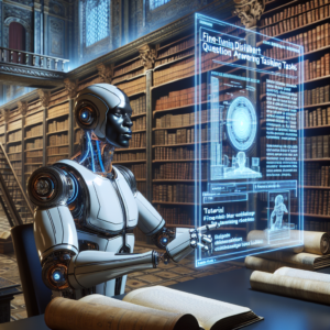 a engineer robot is implementing a tutorial with the title fine tuning distilbert for question answering tasks in a library