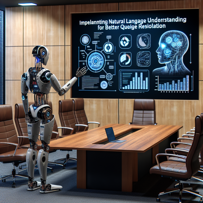 a engineer robot is implementing a tutorial with the title implementing natural language understanding for better query resolution in a boardroom