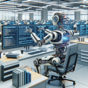 a engineer robot is implementing a tutorial with the title understanding the basics of large language models in a office