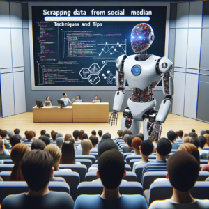 a engineer robot is presenting a tutorial with the title scraping data from social media with python techniques and tips in a lecture hall