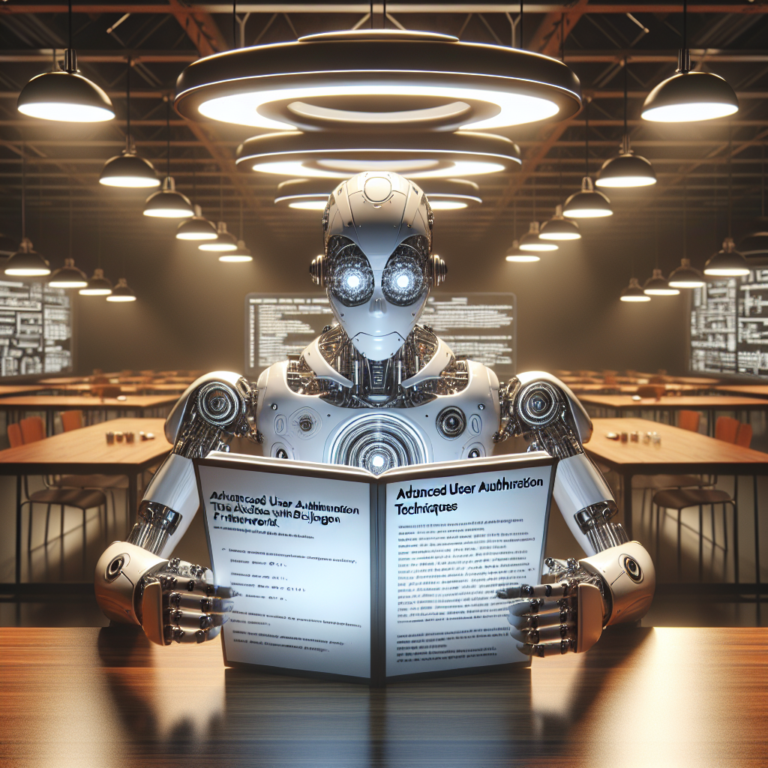a engineer robot is reading a tutorial with the title advanced user authentication techniques with django rest framework in a class