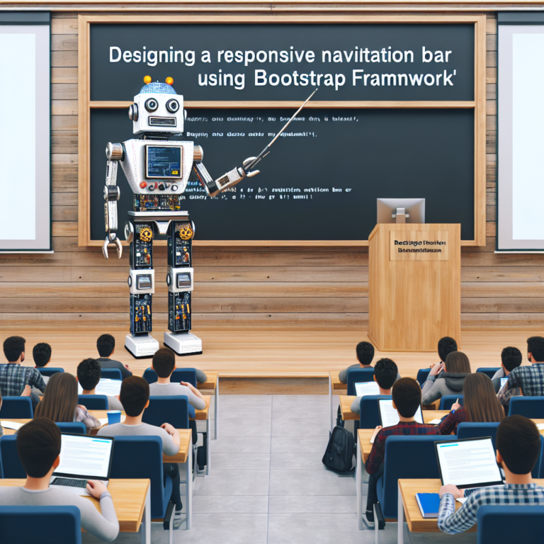 a engineer robot is teaching a tutorial with the title designing a responsive navigation bar using bootstrap framework in a lecture hall