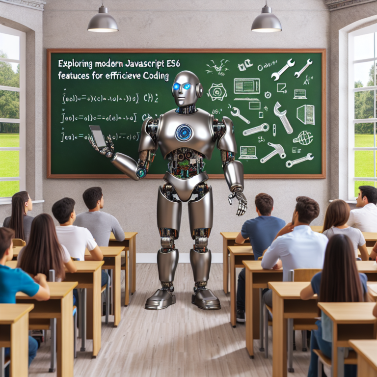 a engineer robot is teaching a tutorial with the title exploring modern javascript es6 features for efficient coding in a campus