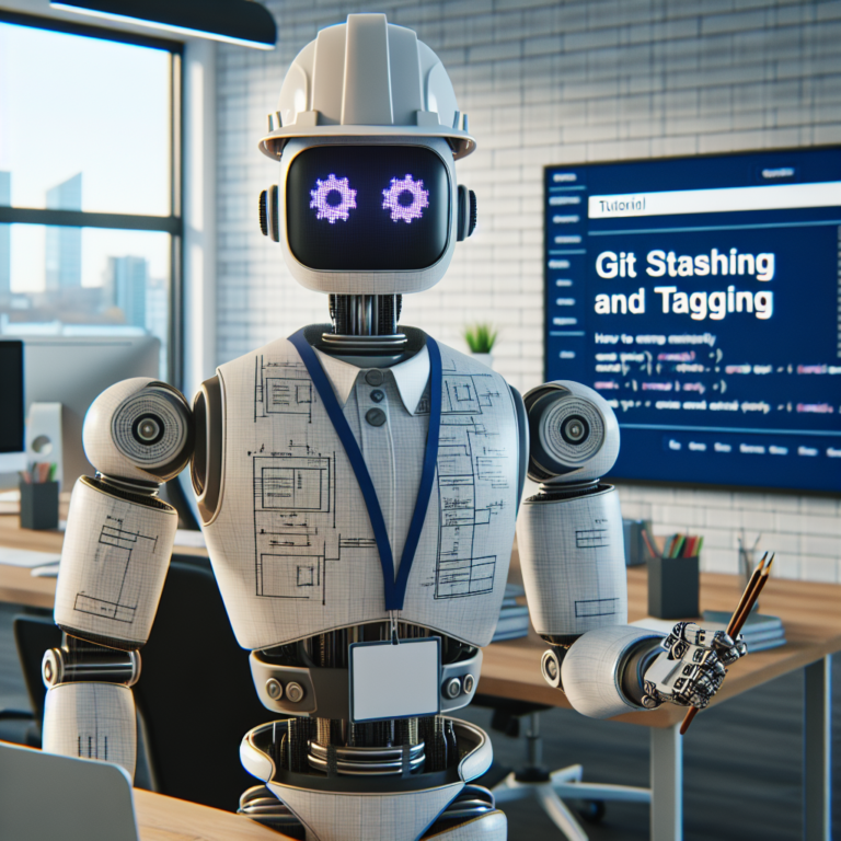 a engineer robot is teaching a tutorial with the title git stashing and tagging how to manage your code changes properly in a office