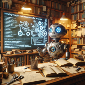 a engineer robot is teaching a tutorial with the title securing your git repositories best practices for security in a study room