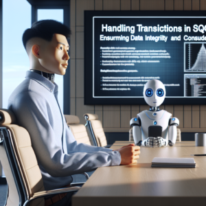 a engineer robot is watching a tutorial with the title handling transactions in sql ensuring data integrity and consistency in a boardroom