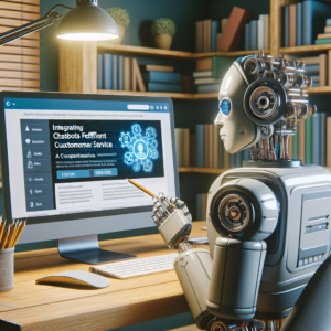 a engineer robot is watching a tutorial with the title integrating chatbots for efficient customer service a comprehensive guide in a study room