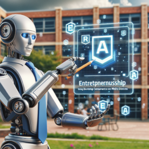 a entrepreneur robot is designing a tutorial with the title using bootstrap components to enhance user experience on mobile devices in a schoolyard