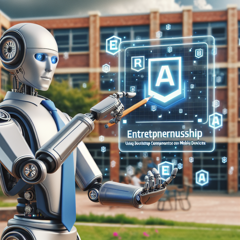 a entrepreneur robot is designing a tutorial with the title using bootstrap components to enhance user experience on mobile devices in a schoolyard