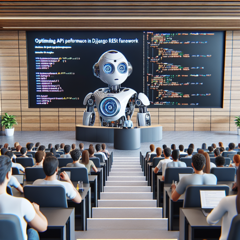 a entrepreneur robot is implementing a tutorial with the title optimizing api performance in django rest framework in a lecture hall