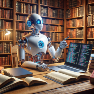 a entrepreneur robot is implementing a tutorial with the title understanding git basics a comprehensive guide for beginners in a library