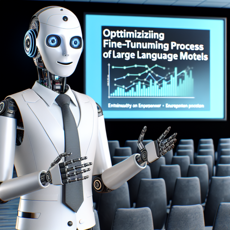 a entrepreneur robot is presenting a tutorial with the title optimizing the finetuning process of large language models in a conference room