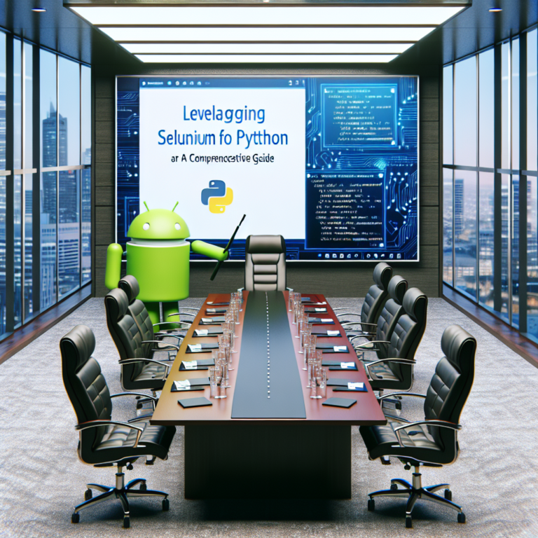 a entrepreneur robot is publishing a tutorial with the title leveraging selenium with python for web scraping a comprehensive guide in a boardroom