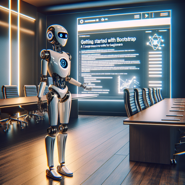 a entrepreneur robot is teaching a tutorial with the title getting started with bootstrap a comprehensive guide for beginners in a boardroom
